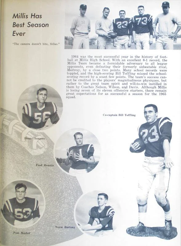 1965 Football Team highlights featuring Danny Senatro, Fred Heustis, Paul Mosher, Norm Bartony, and Co-captain Bill Toffling
